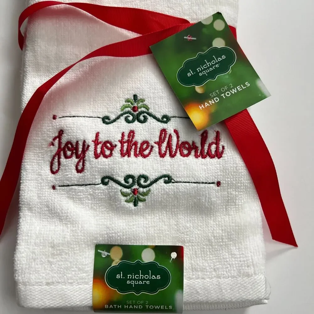 St. Nicholas Square Joy To The World Bath Hand Towel - White (Set of 2) NWT